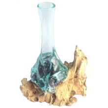Teakholz mit Glas Vase, H. ca. 40 cm