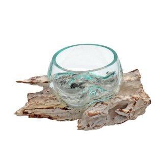 Teakholz mit Glasschale,  Ø: ca. 16 cm, weiß