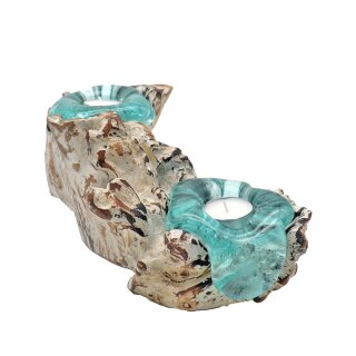 Wooden natural  standing with 2 glass tealight holders, white wash