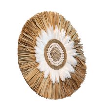 Wall decoration made of feathers, raffia and shells