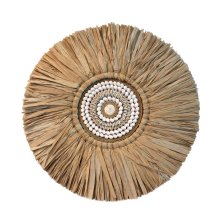 Wall decoration made of feathers, raffia and shells