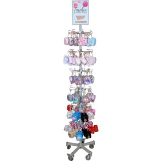 display "Bags + Keychains", complete rotating stand