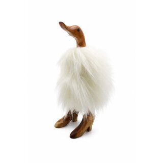 Holz-Ente mit flauschigem Kunstfell weiß