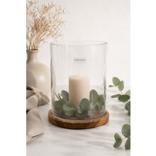 Großes Windlicht aus Glas mit Holzsockel 27 cm