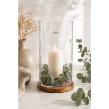 Großes Windlicht aus Glas mit Holzsockel 41 cm