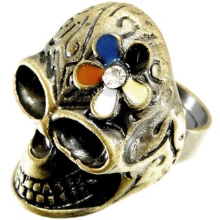 Ring "Skull mit Blumen", flexible Ringgröße, 30 x 25 mm