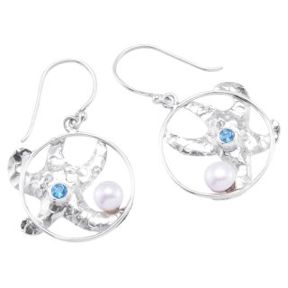 Ohrringe Paar, Silber m. Perle und blauem Topaz, Ø: 20 mm