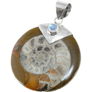 Anhänger Ammonit mit Mondstein in 925er Silber, Ø ca. 40 mm