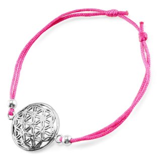 Armband "Blume des Lebens", 925 Silber und Stoff, pink