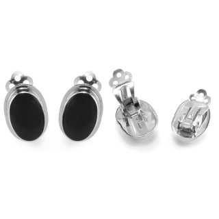 Ohrclips Silber, oval, black-Resin, 16 x 12 mm