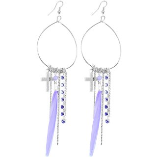 Ohrringe, Paar "Feder und Kreuz", Höhe: 120 mm, Farbe: lila