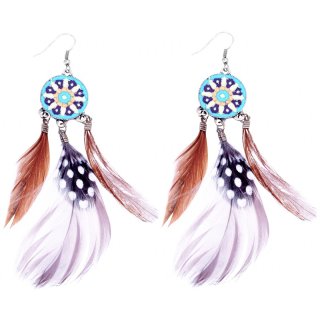 Ohrringe, Paar "Feder", Farbe: braun, mit bunten Metallscheiben