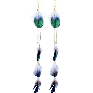 Ohrringe, Paar "Fünf Federn", Länge: 210 mm, Farbe: dunkelgrün