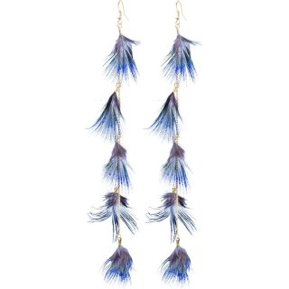 Ohrringe, Paar "Fünf Federn", Länge: 210 mm, Farbe: blau