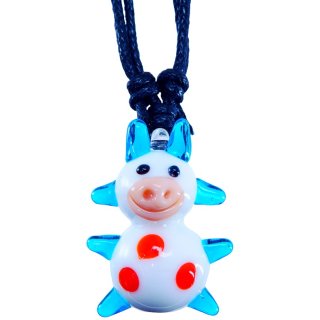 Glasanhänger mit Halskette, "Kuh", 26 mm, blau/weiß
