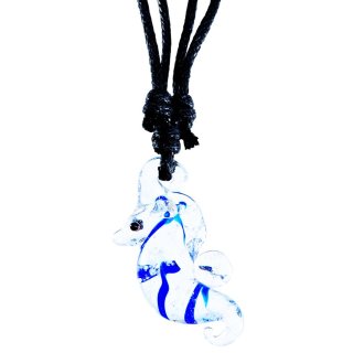 Glasanhänger mit Halskette "Seepferdchen", 35 mm transp./blau