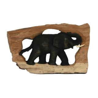 Elephant im teak wood relief, 20 x 10 cm
